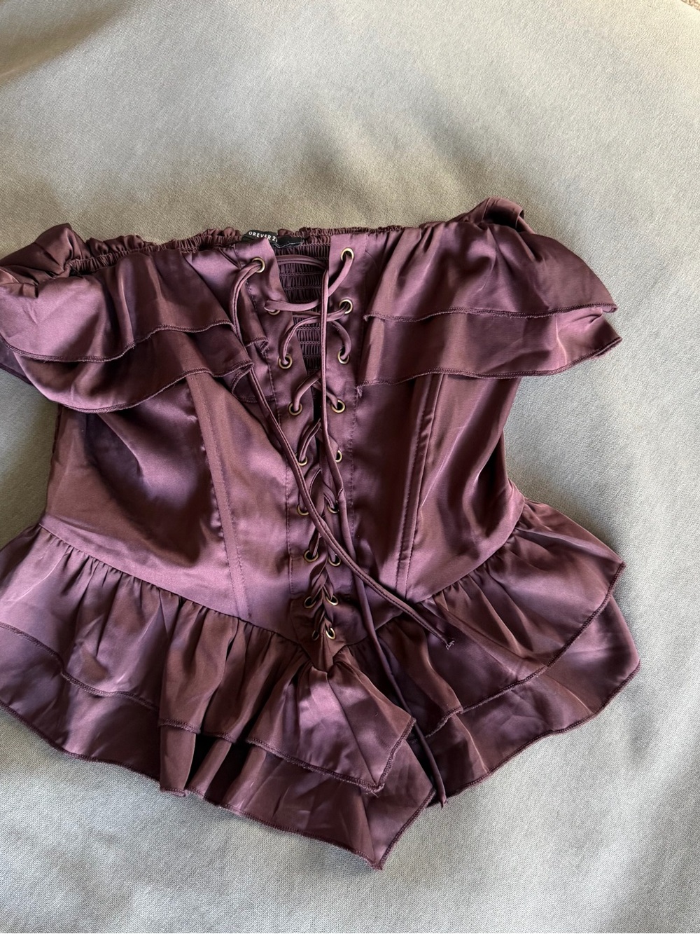 Strapless Satin Ruffle Corset Top in Deep Brown